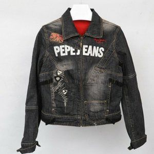 Pepe Jeans PLJ-73 Black Distressed Denim Stud Patch Pocket Jean Jacket Womens M